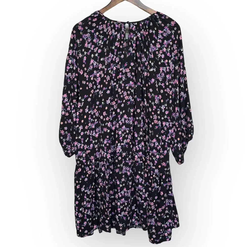 H&M Mini Dress Women Size XXL Black Floral Keyhole Viscose Half Puff Sleeve Boho - Picture 6 of 13